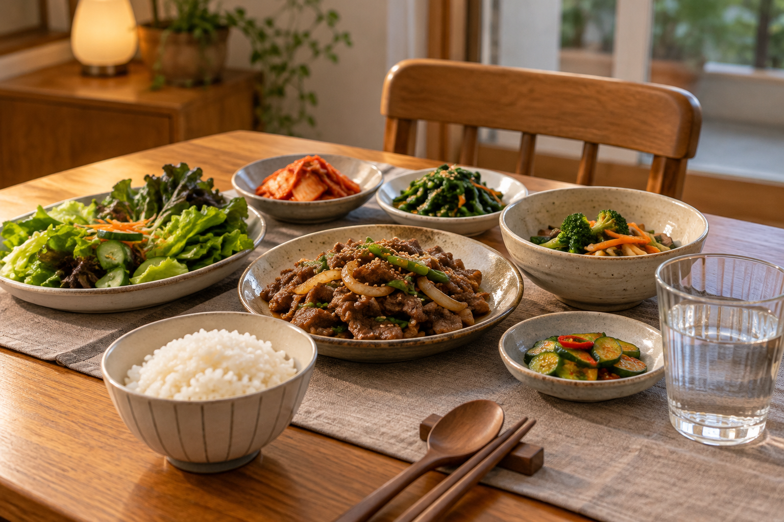 채소 반찬과 개인 접시, 밥과 물을 준비한 저녁 식탁